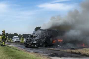 Three firefighters and emergency personnel at vehicle fire scene in Wiltshire. Generative AI