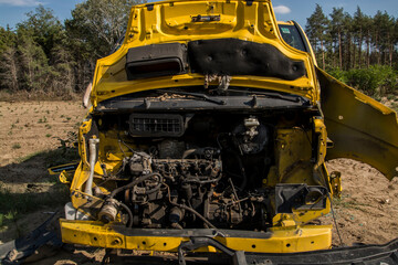 Destroyed car in the forest near Asotthalom