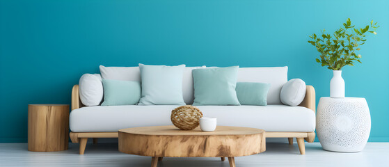 Scandinavian Modern Interior with blue wall and pillows - Generative AI