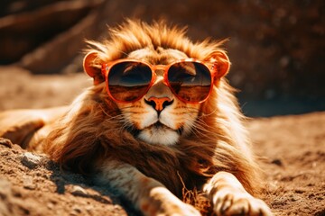 Lion chilling and having a good time wearing sunglasses. - obrazy, fototapety, plakaty