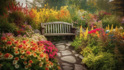 Obraz premium A tranquil scene of a formal garden with vibrant flowers generated by AI