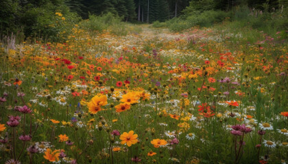 Vibrant wildflowers bloom in tranquil meadow, surrounded by green forest generated by AI