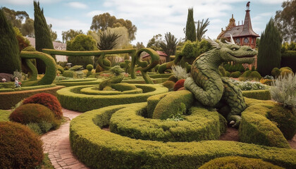 Dragon statue in formal garden surrounded by nature and decoration generated by AI