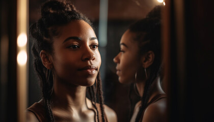 Two young women smiling, looking through window, bonding indoors generated by AI