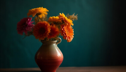 Summer bouquet on wooden table, pottery vase, fresh flower arrangement generated by AI - obrazy, fototapety, plakaty