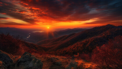 Fototapeta premium Majestic mountain range, tranquil sunset, panoramic beauty in nature generated by AI