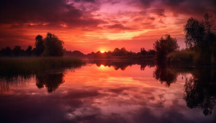 Tranquil sunset reflects vibrant beauty of nature tranquil scene generated by AI