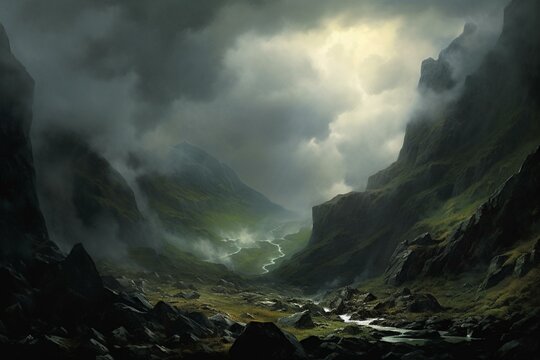 A painting depicting a dark, overcast sky hanging above a valley. Generative AI