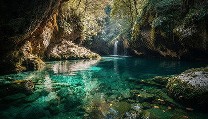 Tranquil scene of majestic tropical rainforest with flowing water motion generated by AI