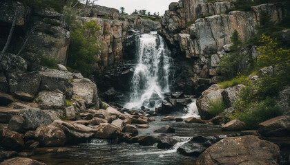 Obraz premium Tranquil scene of flowing water in majestic mountain landscape generated by AI