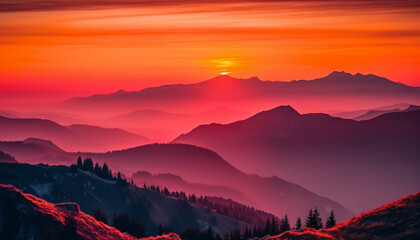 Obraz premium Majestic mountain range silhouetted against tranquil sunset sky, breathtaking beauty generated by AI