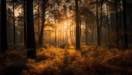 Tranquil autumn forest, mysterious beauty in nature, spooky wilderness silhouette generated by AI