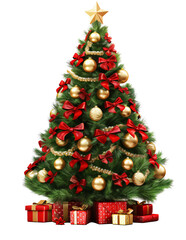 Christmas tree  with gold andred christmas balls and decorations  isolated on transparent background, PNG