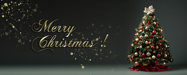 Fototapeta na wymiar Elegant christmas card, Christmas background with Merry Christmas gold inscription and Christmas tree in background background. 