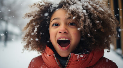 Winter wonderland wonder: With a radiant smile, adorable african american kid playfully catches falling snowflakes in the crisp air.