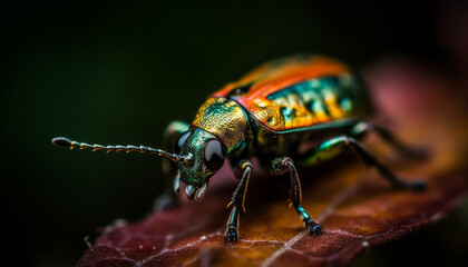 Naklejka premium Small weevil crawling on green leaf, selective focus on foreground generated by AI