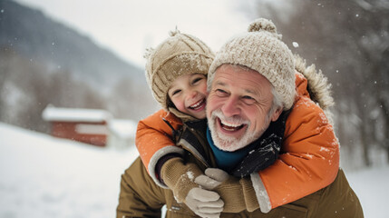 Winter portrait of happy father and child having fun outdoors. Space for text.