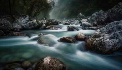Tranquil scene of flowing water in a green forest landscape generated by AI