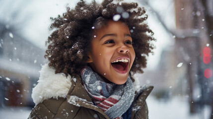 Frozen enchantment: A delighted african american kid captures the essence of winter by tasting each snowflake in the air. - obrazy, fototapety, plakaty