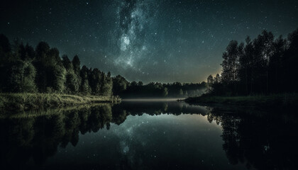 Tranquil night landscape  Milky Way galaxy, star trail, reflection, mountain generated by AI