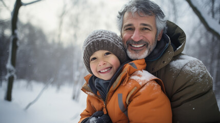 Fototapeta na wymiar A joyful father and son bond in the winter wonderland, sharing laughter and warmth in the cold.