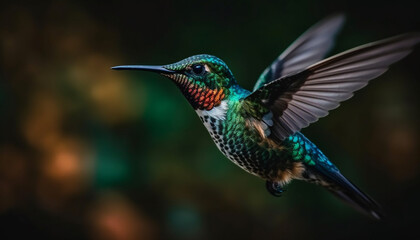 Fototapeta premium Hovering hummingbird spreads iridescent wings in vibrant nature beauty generated by AI