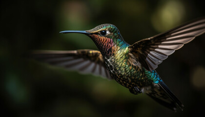 Hovering hummingbird spreads iridescent wings in natural beauty green embrace generated by AI