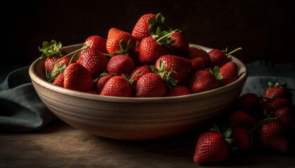 Juicy ripe strawberries on a rustic wooden table for healthy snacking generated by AI