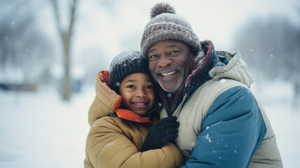 Fototapeta na wymiar African american grandfather and his grandson in snowy park. Space for text.