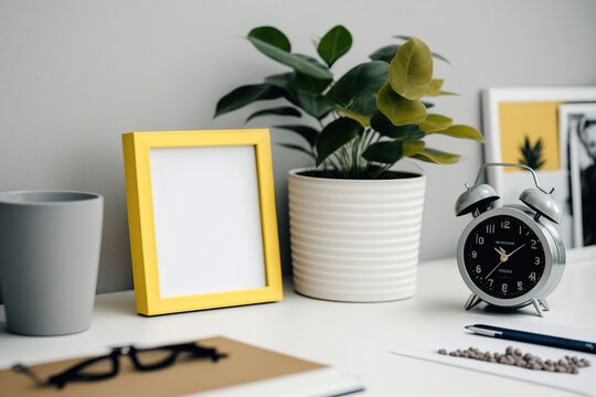 office desk at home. boxes, picture frame, and alarm clock. Generative AI
