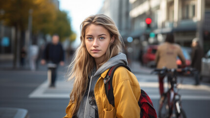 Young teenage girl walking in the city street.