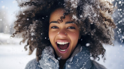 Snowy serenity: A woman's contentment shines through as she takes in the tranquil beauty of the snow-covered world around her. - obrazy, fototapety, plakaty