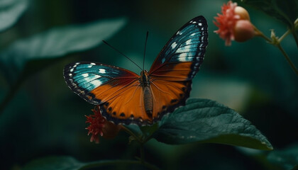 Vibrant butterfly wing in focus, pollinating single flower in nature generated by AI