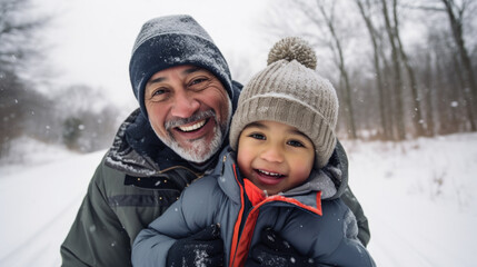 Fototapeta na wymiar Snowy escapades: A father and son celebrate the season, exploring the enchanting winter landscape.