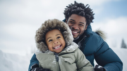 Snowball fights and laughter: A father and his son share playful moments in the wintery outdoors. - obrazy, fototapety, plakaty