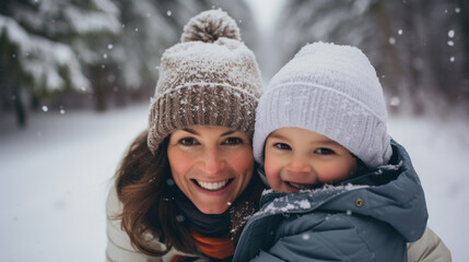 Fototapeta premium Winter wonderland: A joyful mother and her child share smiles and laughter amidst the snowy outdoor beauty.