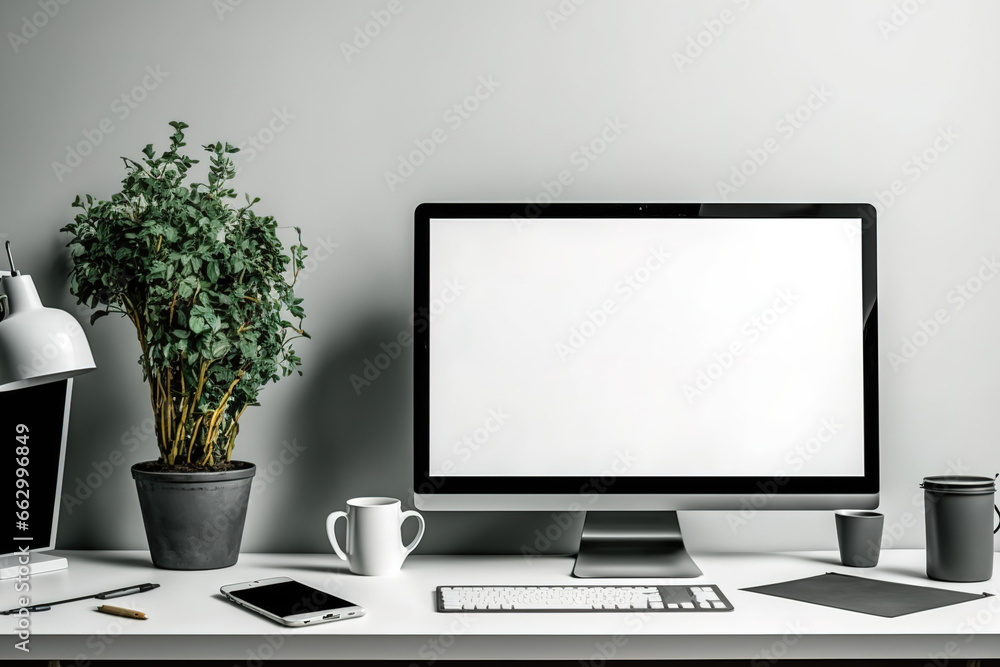 Poster laptop and computer mockup on desk. generative ai