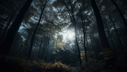 Fototapeta premium Spooky forest mystery dark autumn landscape, tranquil footpath, backlit silhouette generated by AI