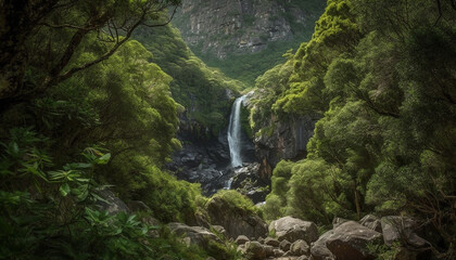 Tranquil scene of flowing water in majestic mountain range generated by AI