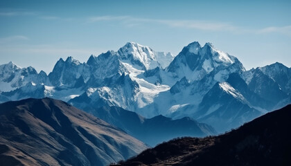Obraz premium Panoramic mountain range, majestic peak, tranquil snow covered landscape generated by AI
