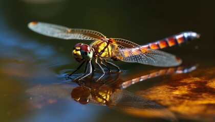 Dragonfly resting on pond leaf, vibrant green beauty in nature generated by AI