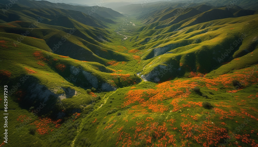 Poster Tranquil meadow, vibrant foliage, majestic mountain range, panoramic view generated by AI