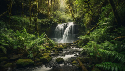 Fototapeta premium Tranquil scene of flowing water in tropical rainforest paradise generated by AI