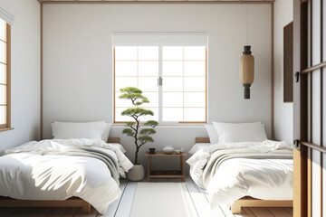 Japanese-style little white bedroom with twin beds and white blankets. Generative AI