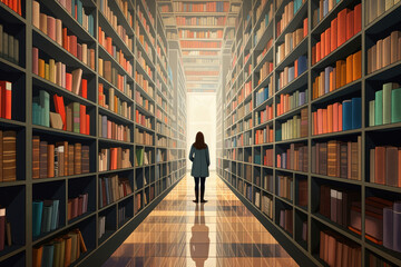 color block digital illustration of a young woman in dark academia library/bookstore with books reading/working/research In a textured hand drawn style for focus/concentration/productivity