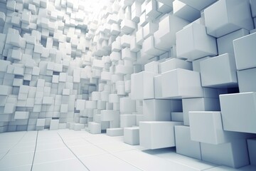 Arrangement of white 3D blocks forming a wall with a futuristic backdrop. Generative AI