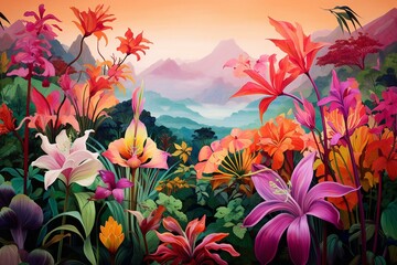 Fototapeta na wymiar Lush foliage and blooming flowers over a vibrant backdrop. Generative AI