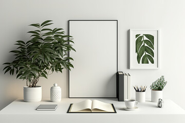 Elegant desk with White table with plant and leaves. Modern home office. Generative AI