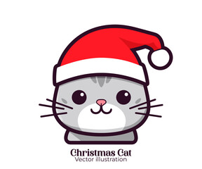 Happy winter holiday with Vector cute cat head in Santa hat, a Christmas cartoon character