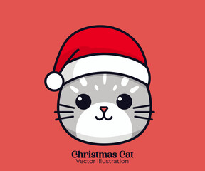 Celebrate Happy winter holiday with Vector cute cat head, a Christmas cartoon character in Santa hat